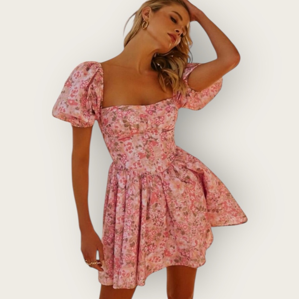 Showpo Pink Floral Puff-Sleeve Mini Dress